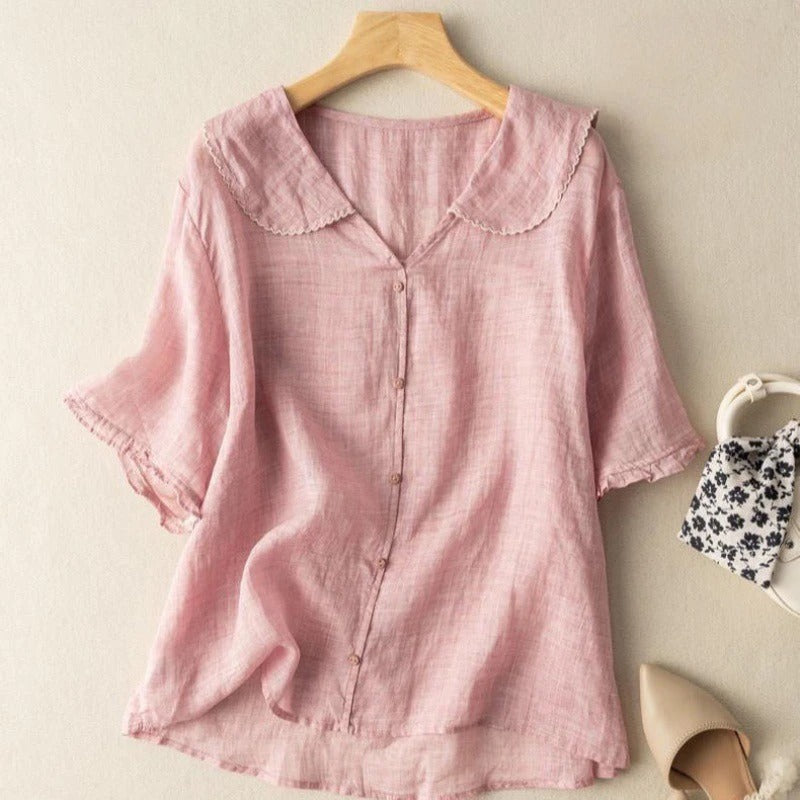Blusa de Lino Estilo Vintage con Cuello Festoneado y Botones para Mujer