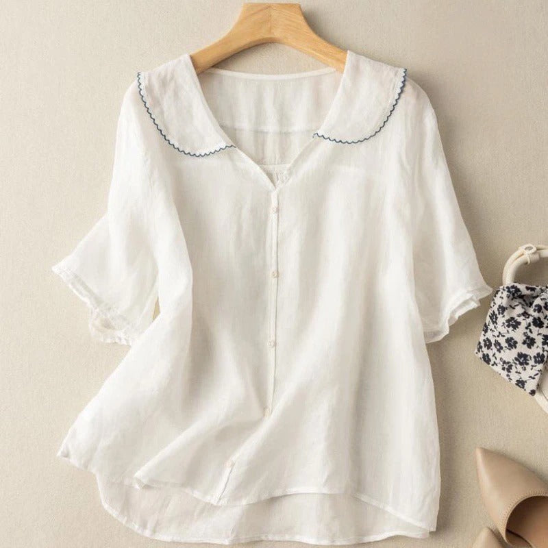Blusa de Lino Estilo Vintage con Cuello Festoneado y Botones para Mujer