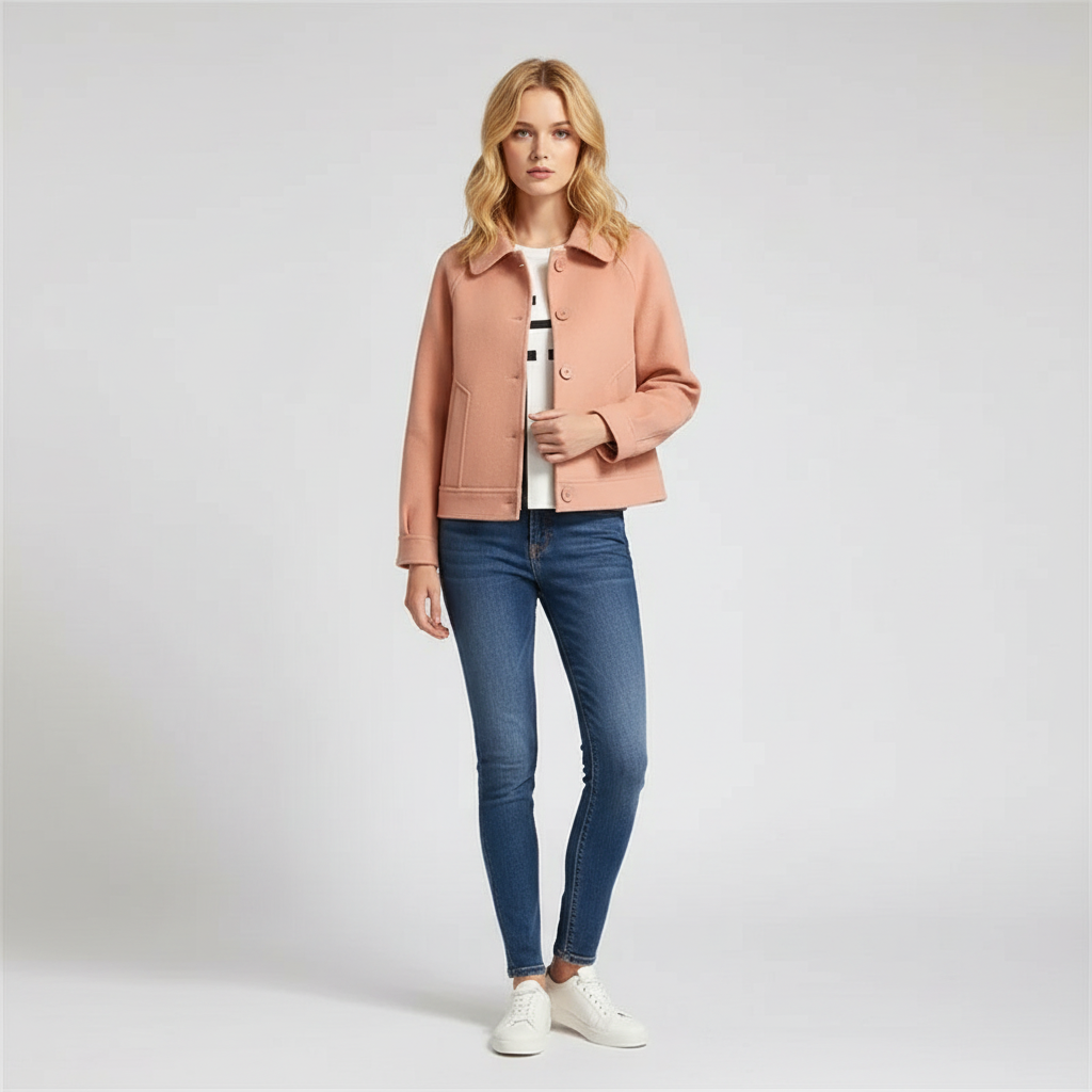 Chaqueta de Mezcla de Lana con Botones y Cuello Camisero para Mujer