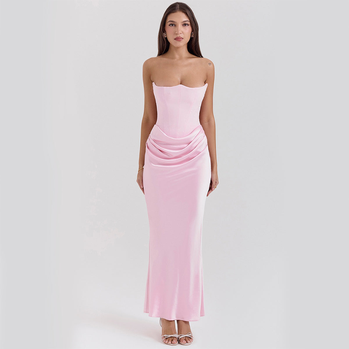 Vestido Largo de Fiesta para Mujer con Escote Palabra de Honor y Detalle Fruncido
