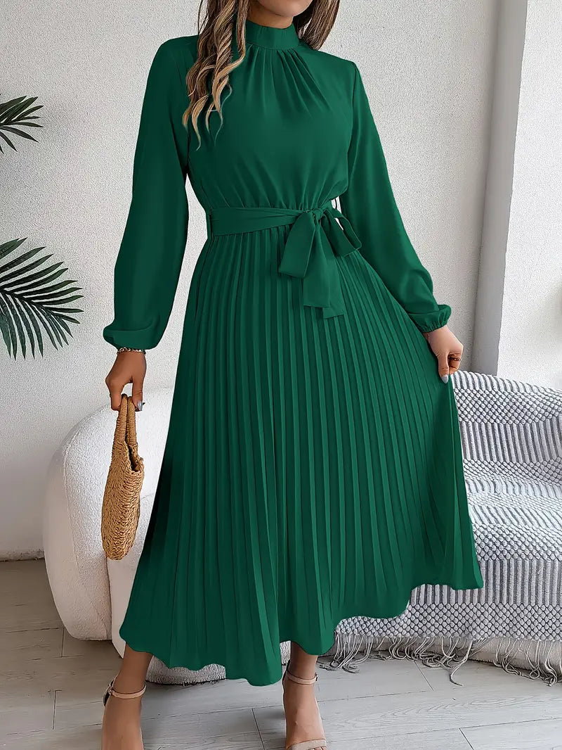 Vestido Largo Plisado de Manga Larga con Cuello Alto y Cinturón para Mujer