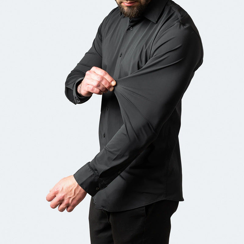 Camisa de vestir elástica para hombre de manga larga sin plancha corte regular