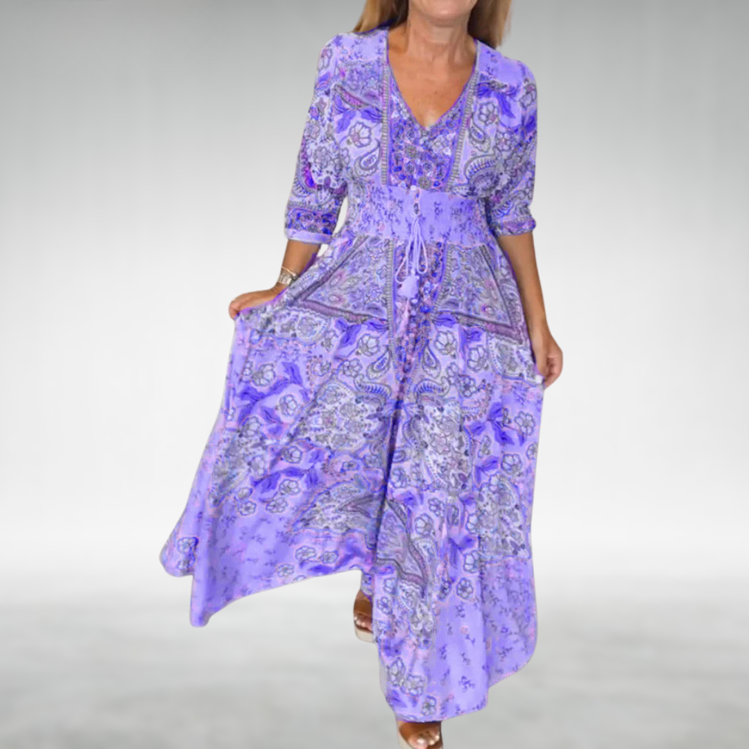 Vestido Maxi de Estilo Bohemio con Cuello en V y Cintura Elástica para Mujer