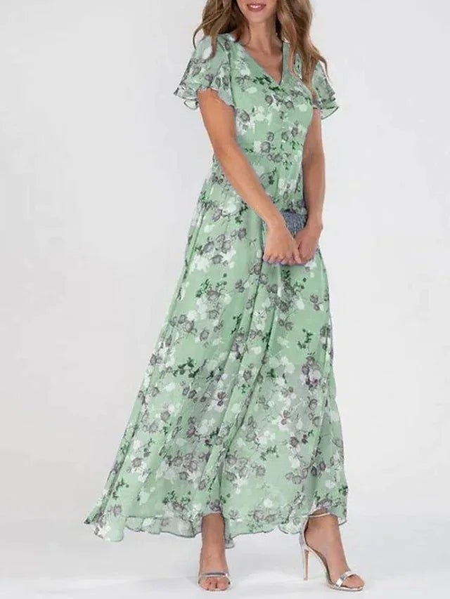 Vestido Largo Estampado de Mujer con Escote en V y Forro Interior Corto