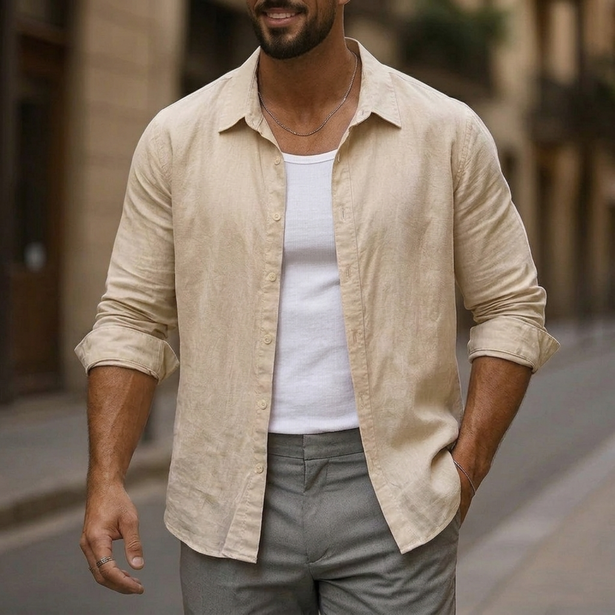 Camisa de lino para hombre — diseño regular fit con escote abierto
