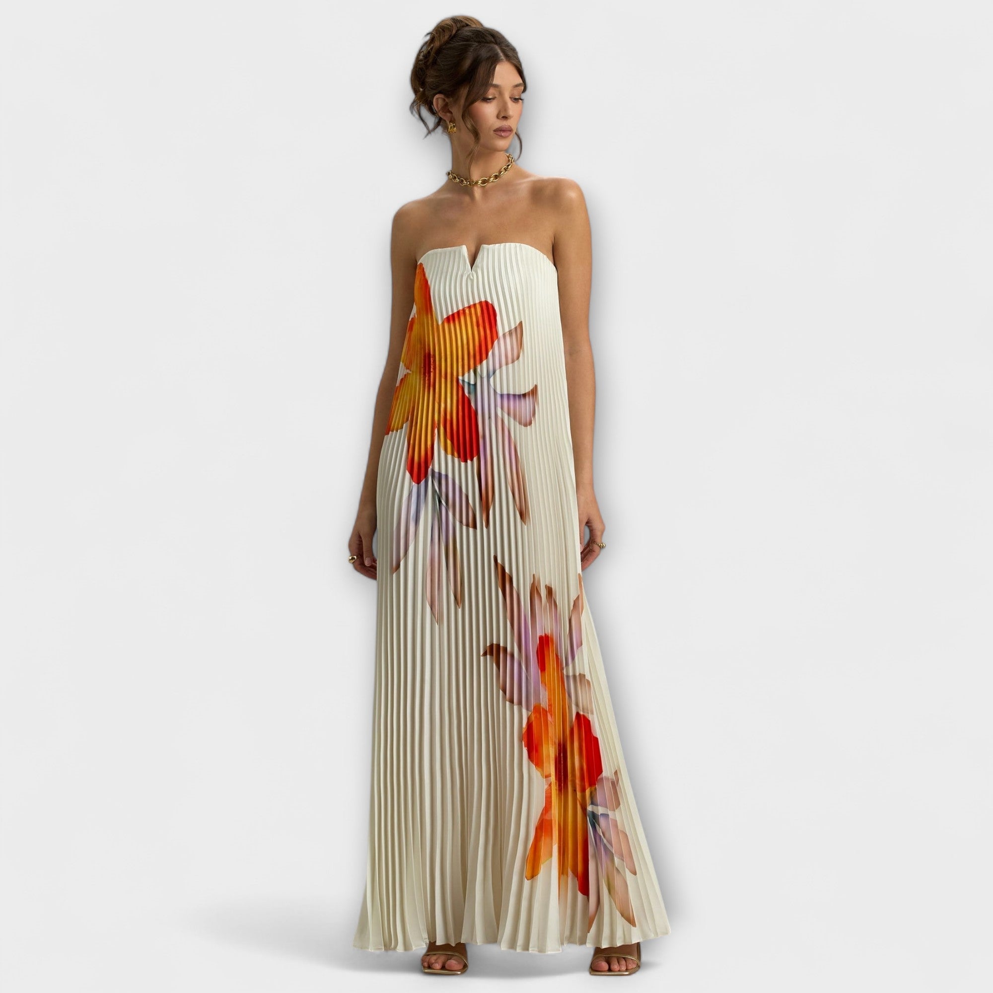 Vestido Largo Palabra de Honor Plisado con Corsé y Estampado de Flores