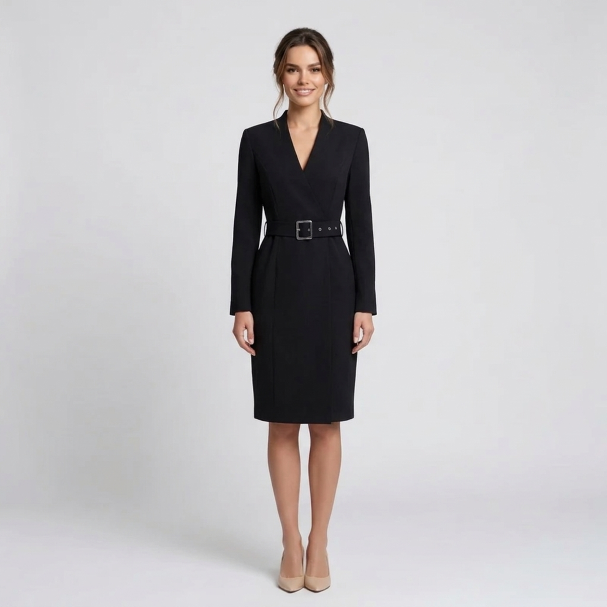 Vestido Midi de Corte Etui con Cuello Alto y Mangas 3/4 con Cinturón para Mujer