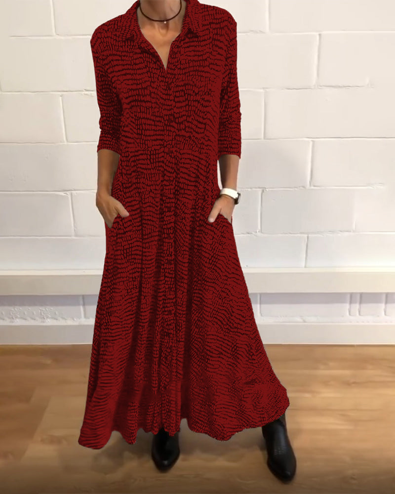Vestido Midi de Mujer con Manga Media Cuello de Camisa y Bolsillos Laterales