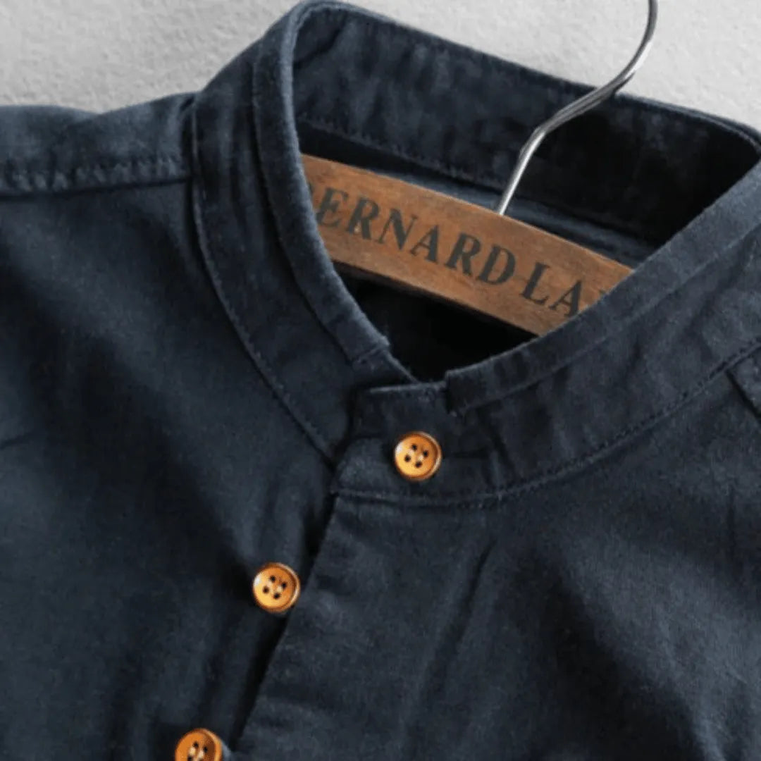 Camisa de Algodón y Lino para Hombre con Cuello Mao y Manga Larga Slim Fit