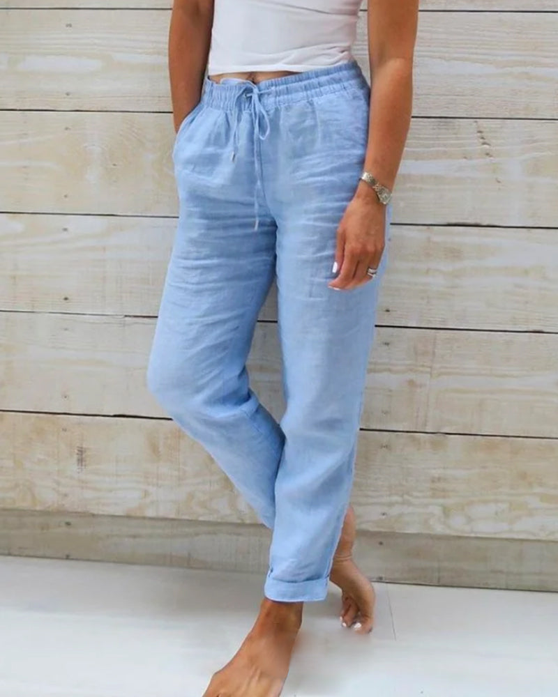 Pantalones de Lino y Algodón con Cintura Elástica y Cordón para Mujer