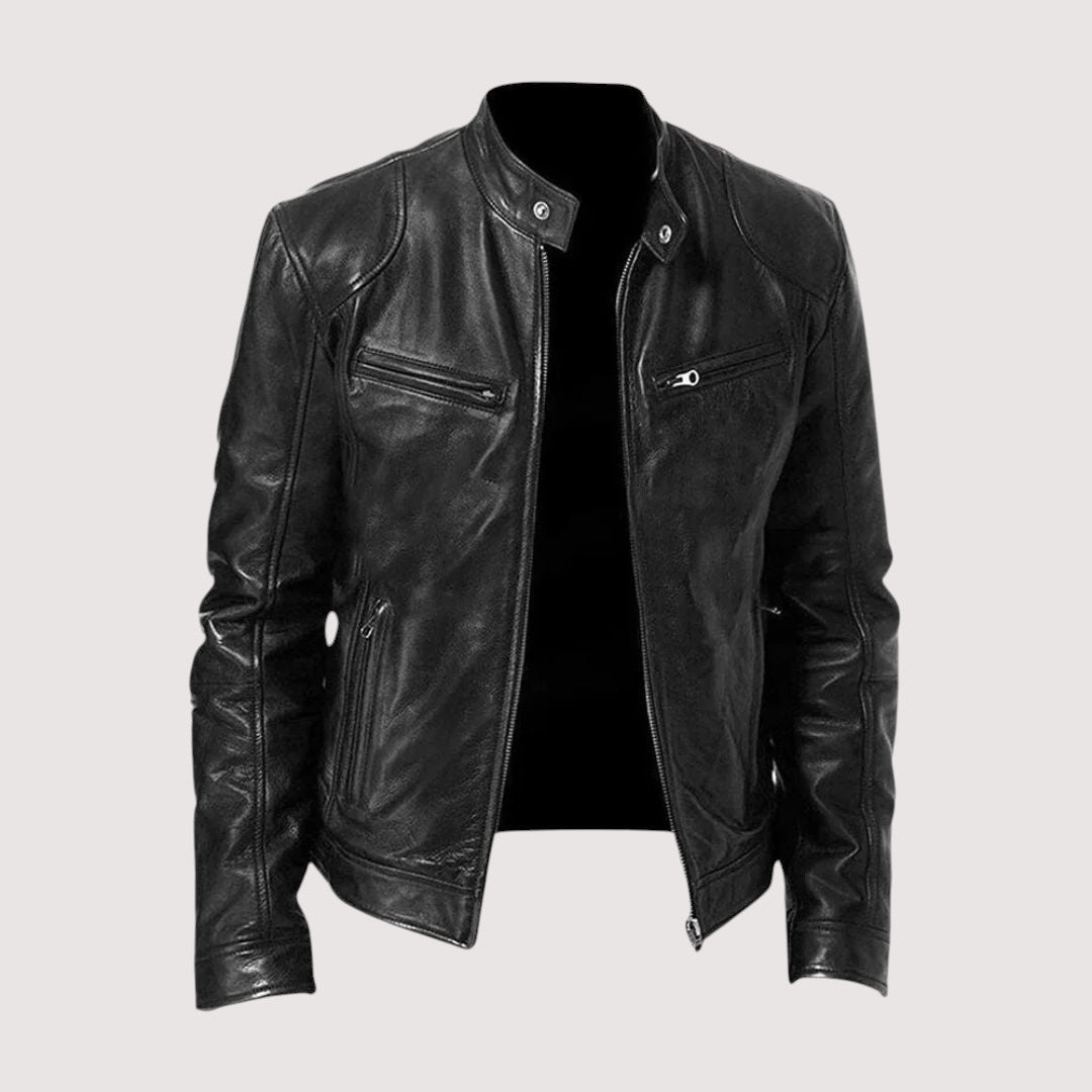 Chaqueta de Cuero para Hombre con Cuello Alto y Cremallera