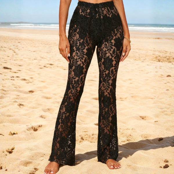 Pantalones de Mujer de Encaje Floral con Cintura Alta y Pernera Acampanada