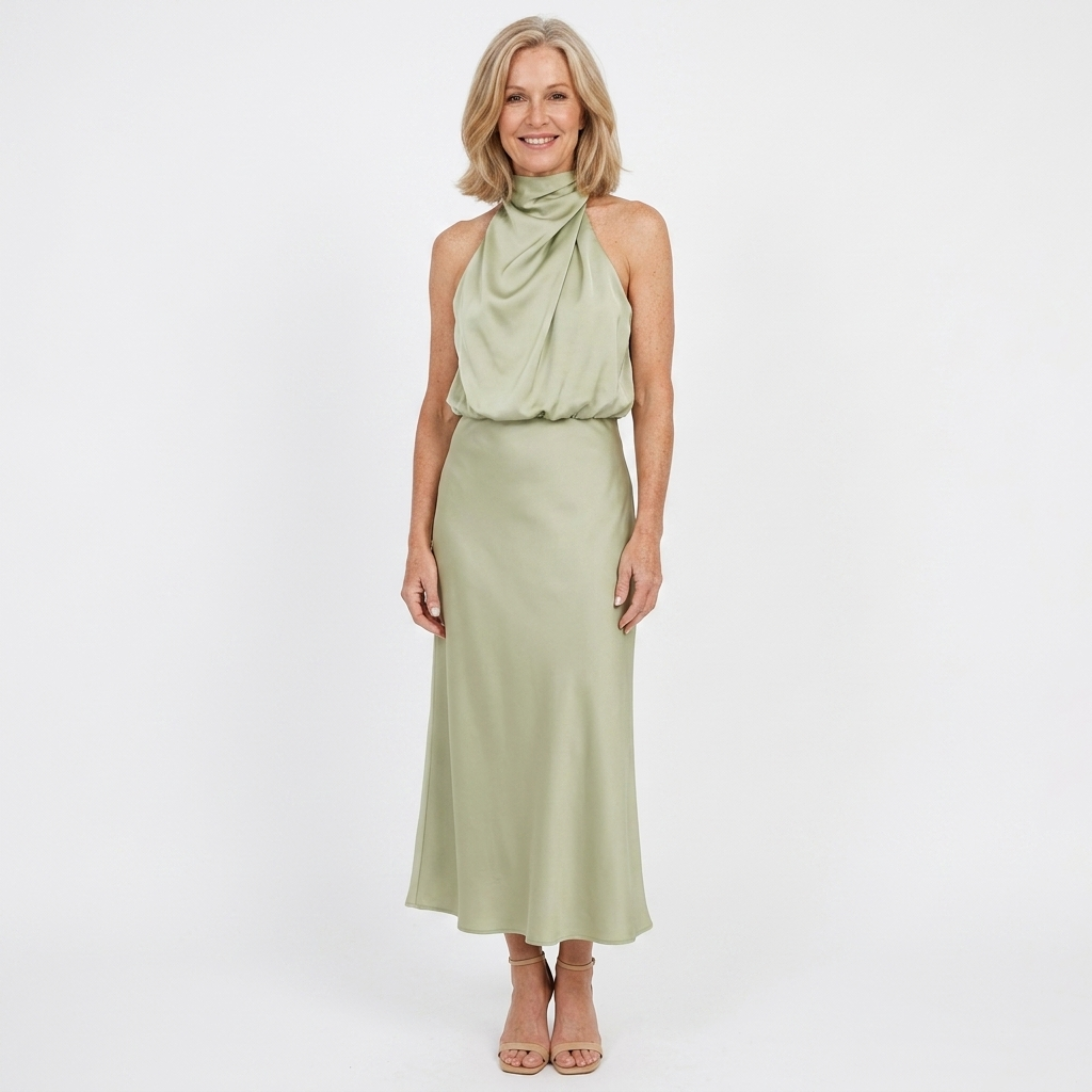 Vestido largo satén — cuello alto para eventos formales
