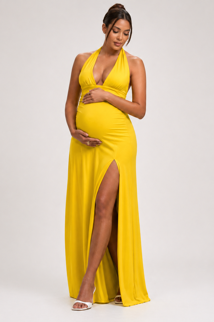 Vestido maternidad largo halter con abertura lateral
