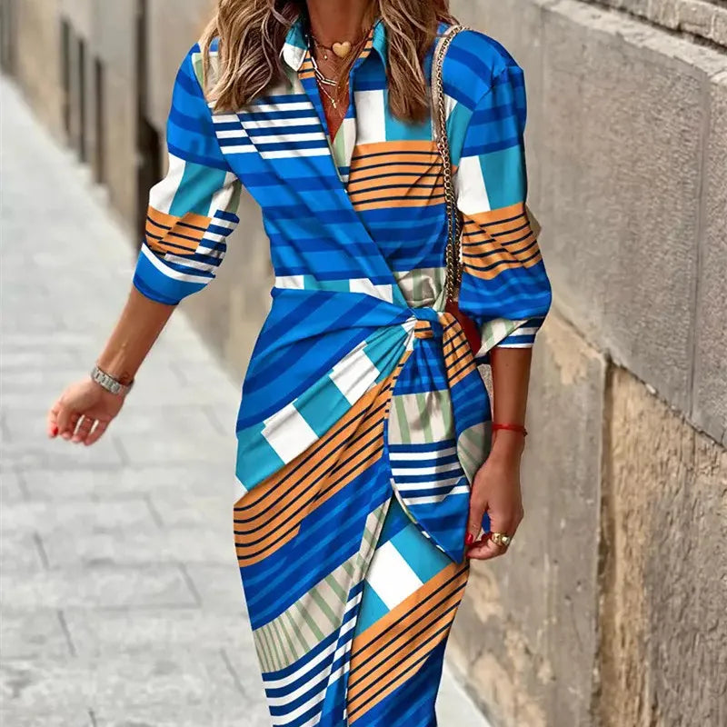 Vestido Midi Cruzado para Mujer con Estampado Geométrico y Mangas Tres Cuartos