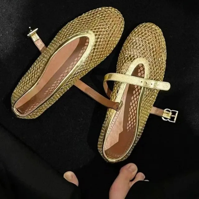 Bailarinas de Rejilla Mary Jane para Mujer con Tachuelas y Correa Ajustable