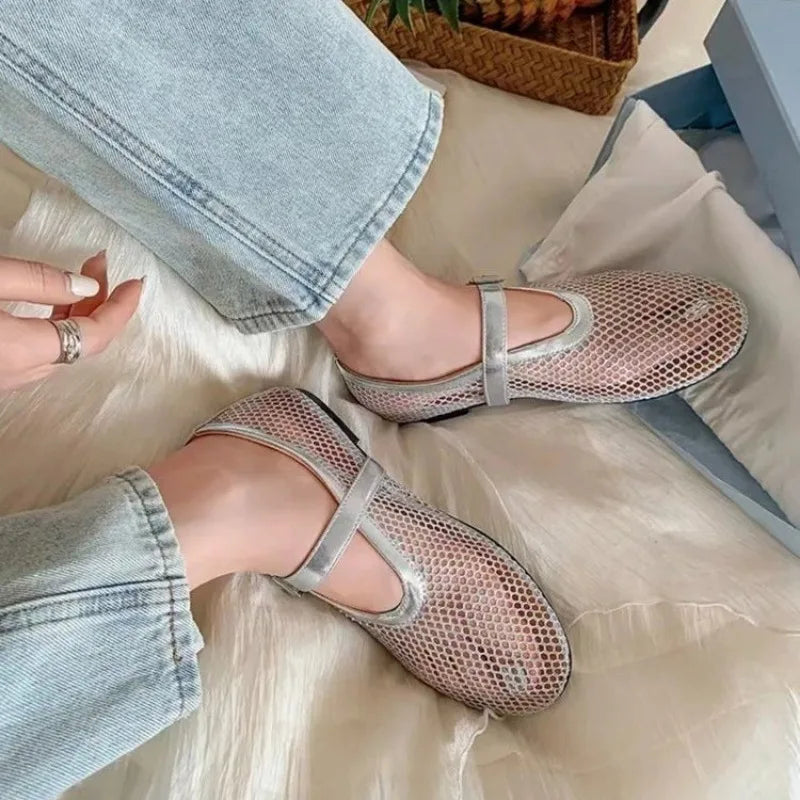 Bailarinas de Rejilla Mary Jane para Mujer con Tachuelas y Correa Ajustable