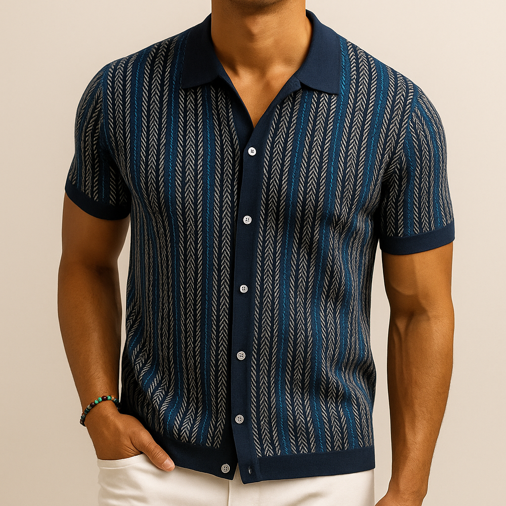 Polo de Punto para Hombre de Manga Corta con Rayas Verticales y Cierre de Botones