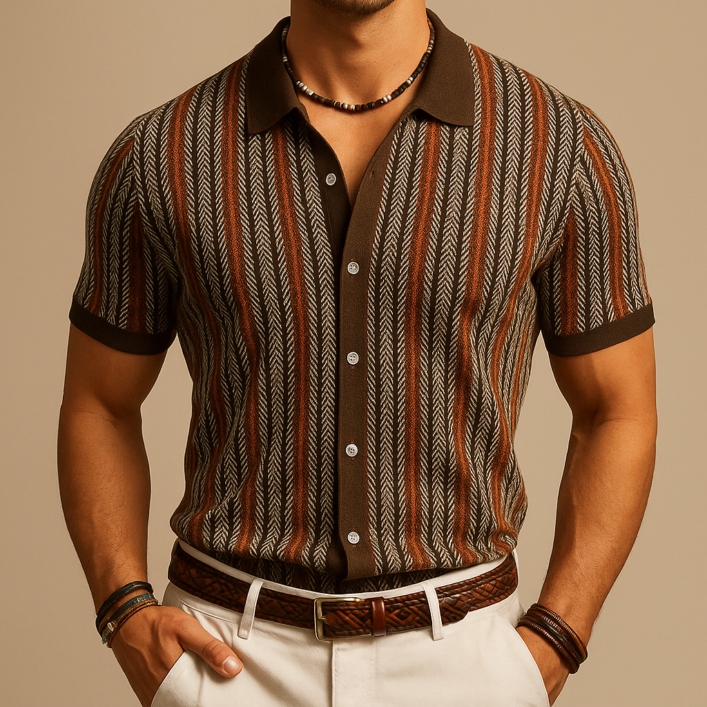 Polo de Punto para Hombre de Manga Corta con Rayas Verticales y Cierre de Botones