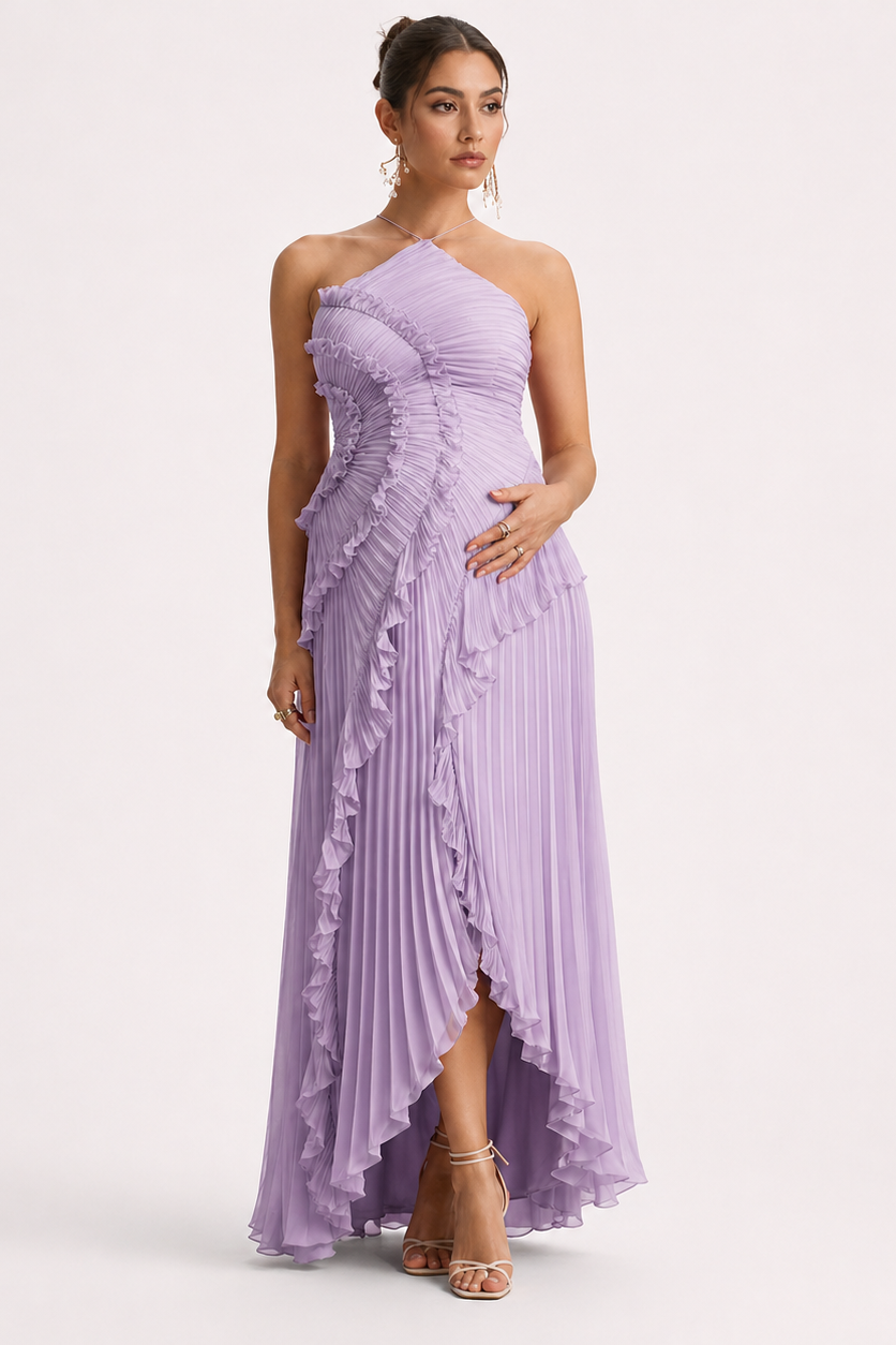 Vestido maternidad largo halter plisado con volantes