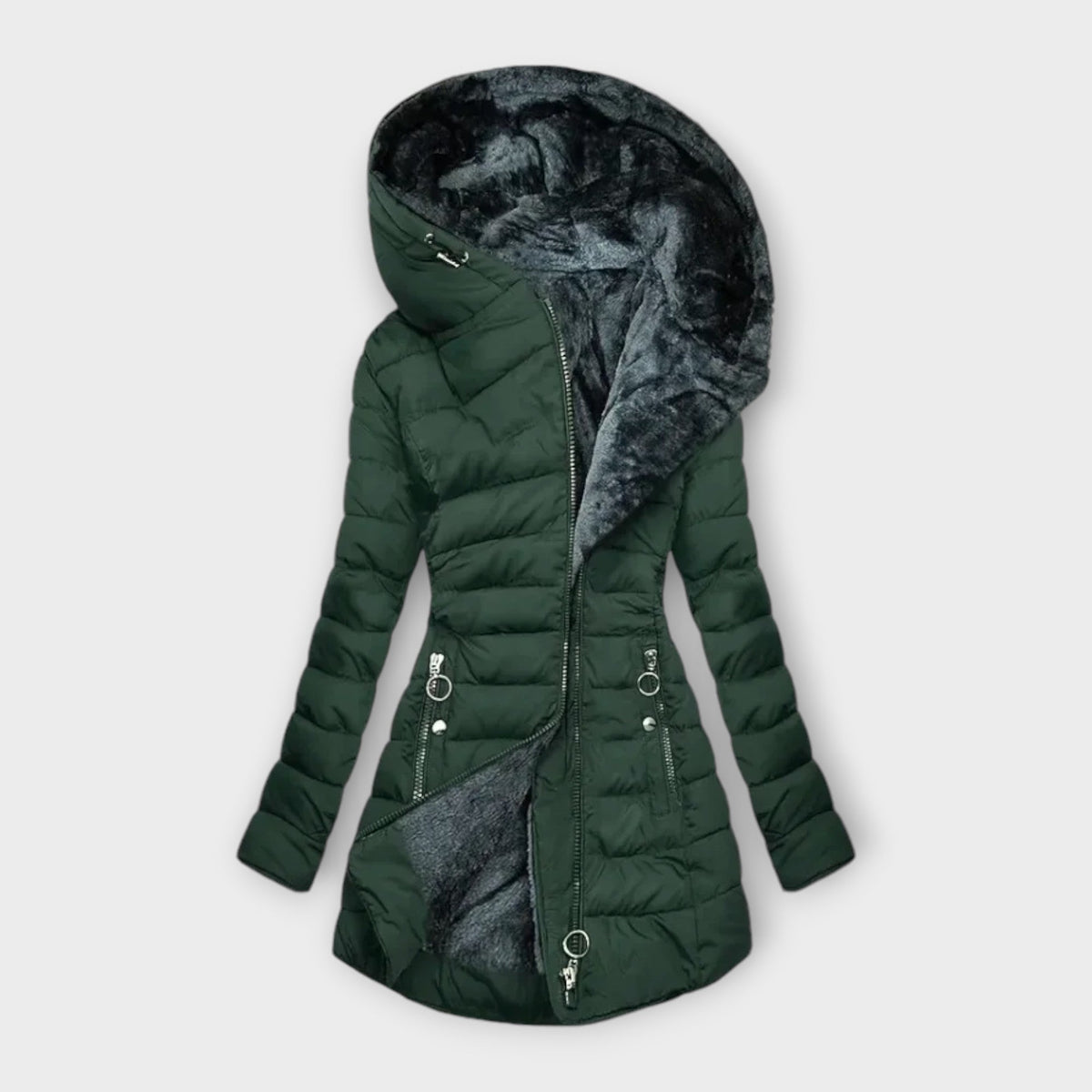 Chaqueta Acolchada Larga para Mujer con Capucha Grande y Cremallera