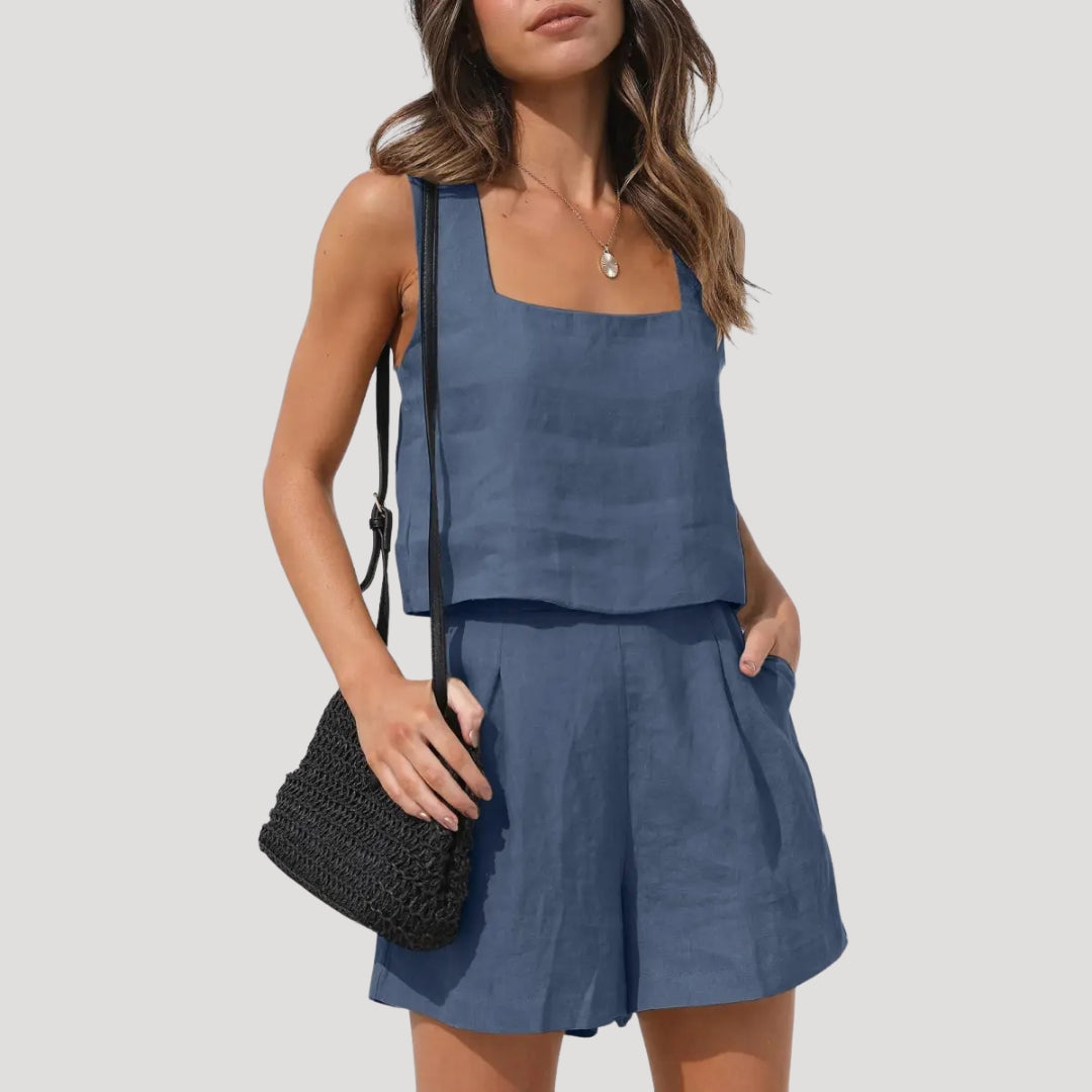 Conjunto de Lino para Mujer con Top sin Mangas y Pantalones Cortos de Talle Alto