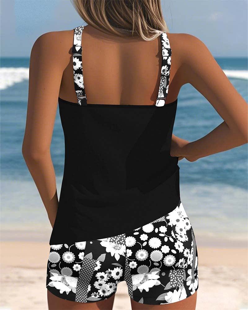 Maillot de bain tankini deux pièces à imprimé floral, haut sans manches et short