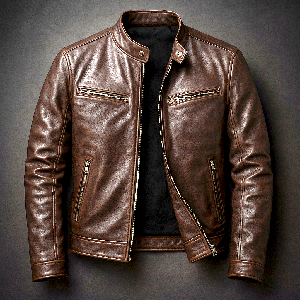 Chaqueta de Cuero de Hombre con Costuras Reforzadas y Cuatro Bolsillos