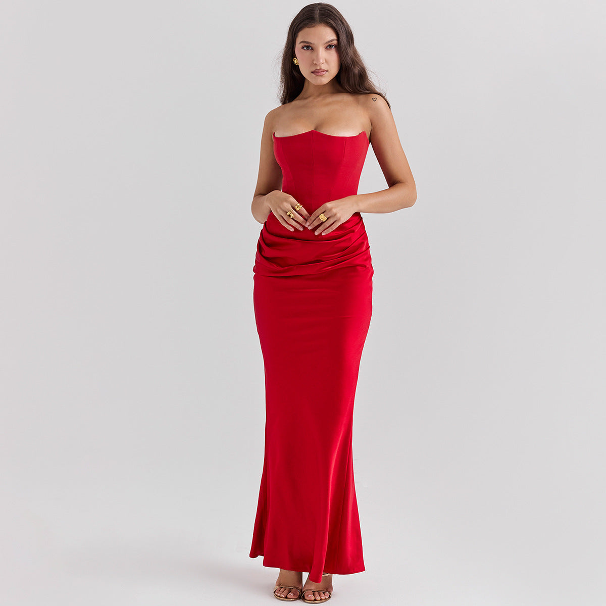 Vestido Largo de Fiesta para Mujer con Escote Palabra de Honor y Detalle Fruncido