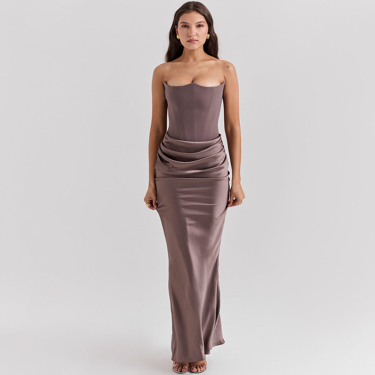Vestido Largo de Fiesta para Mujer con Escote Palabra de Honor y Detalle Fruncido