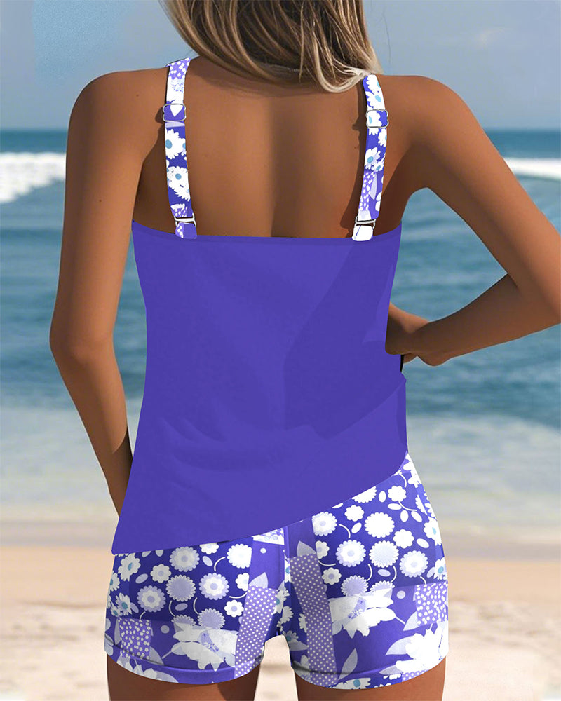 Maillot de bain tankini deux pièces à imprimé floral, haut sans manches et short