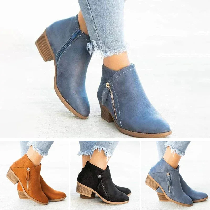Botines de cuero con cremallera lateral y suela de cuña cómoda para mujer