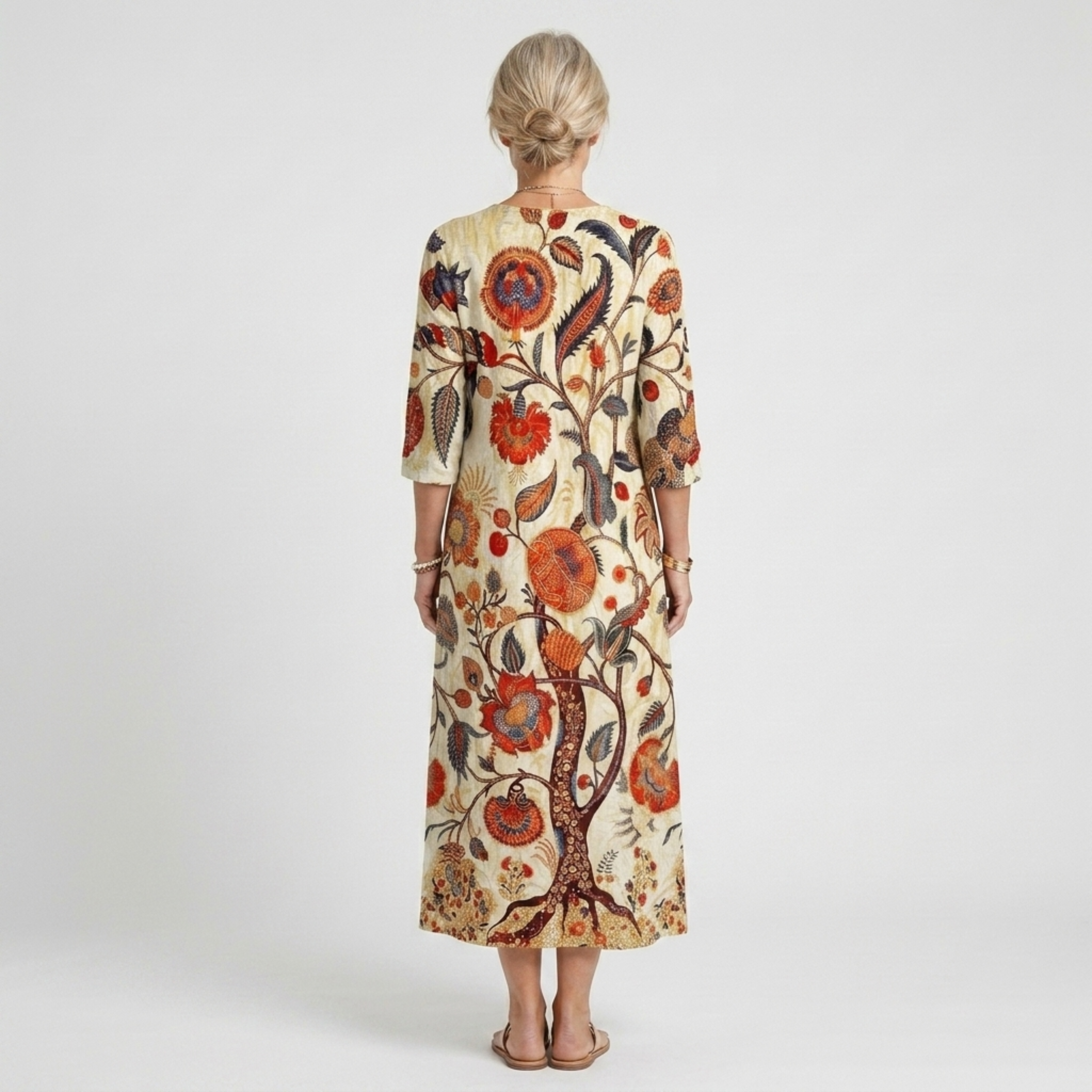 Vestido largo lino — estampado floral para reuniones sociales