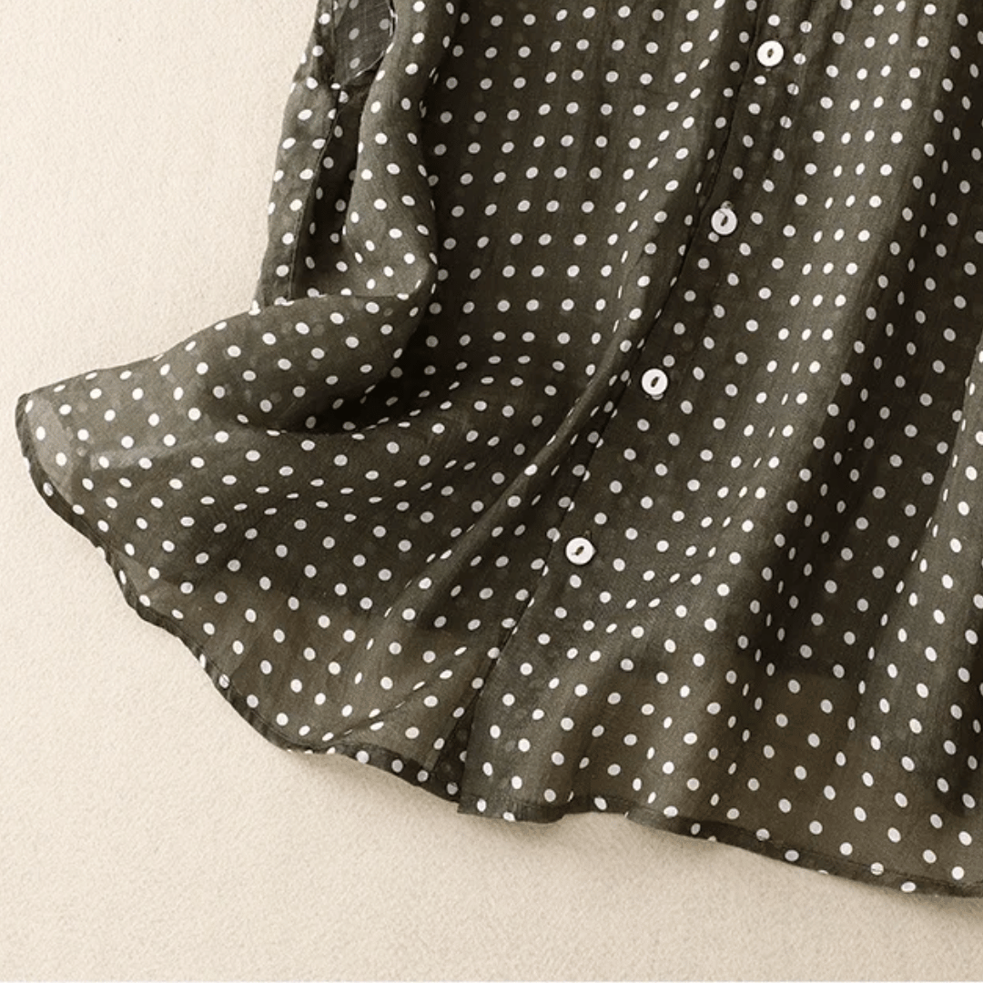 Camisa de Algodão e Linho de Manga Curta com Estampa de Bolinhas para Mulher