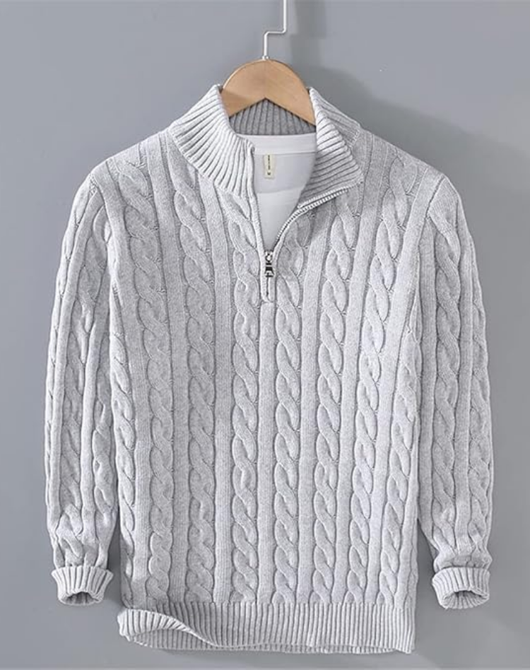 Jersey de Punto Trenzado para Hombre con Media Cremallera y Cuello Alto