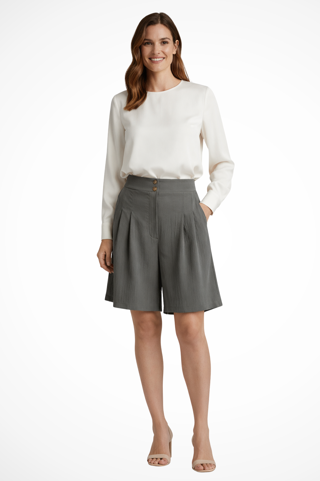 Pantalones Cortos Bermuda de Talle Alto con Pinzas y Corte Sartorial para Mujer