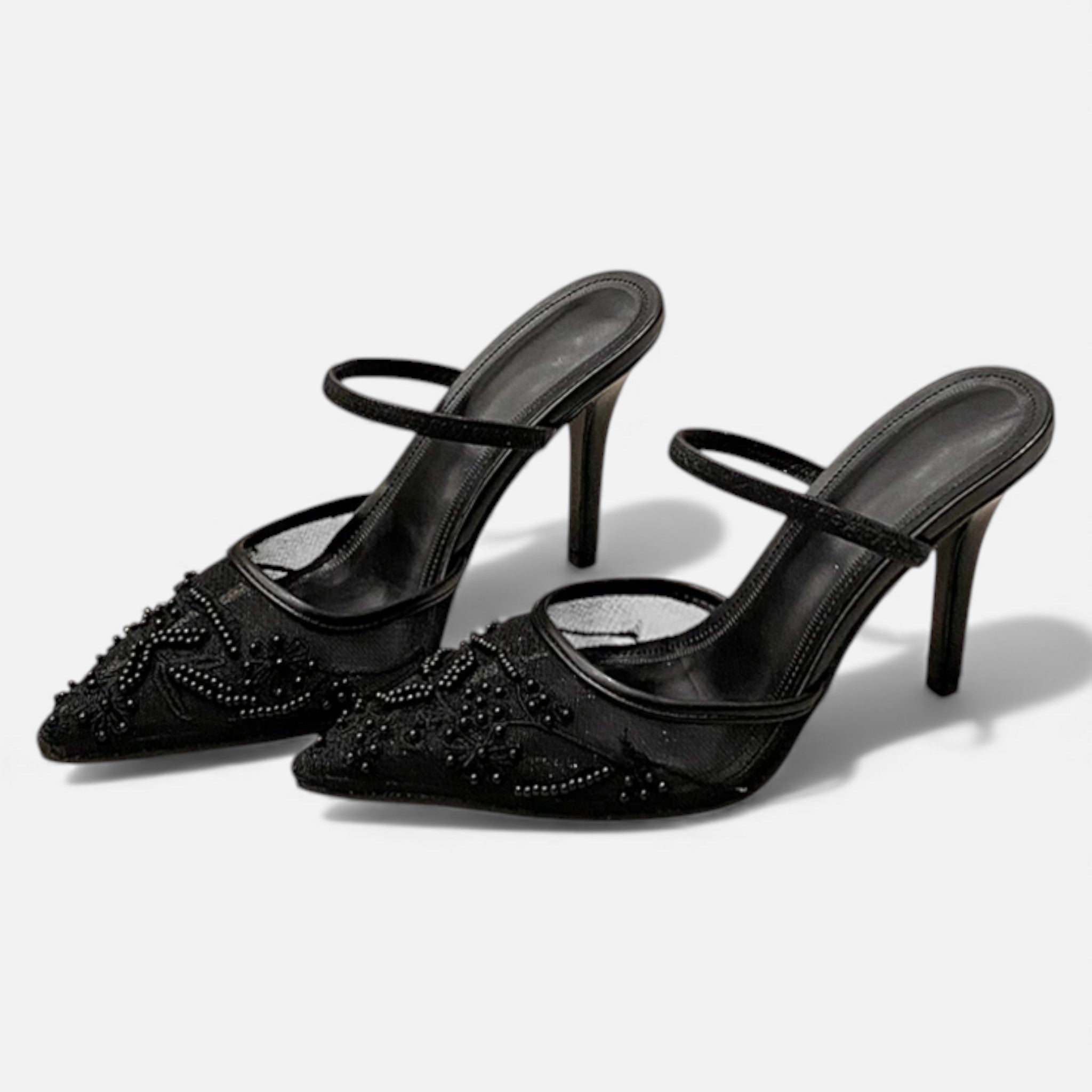 Zapatos de Tacón de Aguja en Malla Bordada con Punta Fina y Correa para Mujer