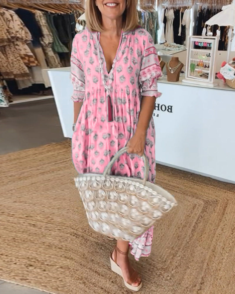 Vestido mujer estampado | cuello en V | mangas medias | uso diario