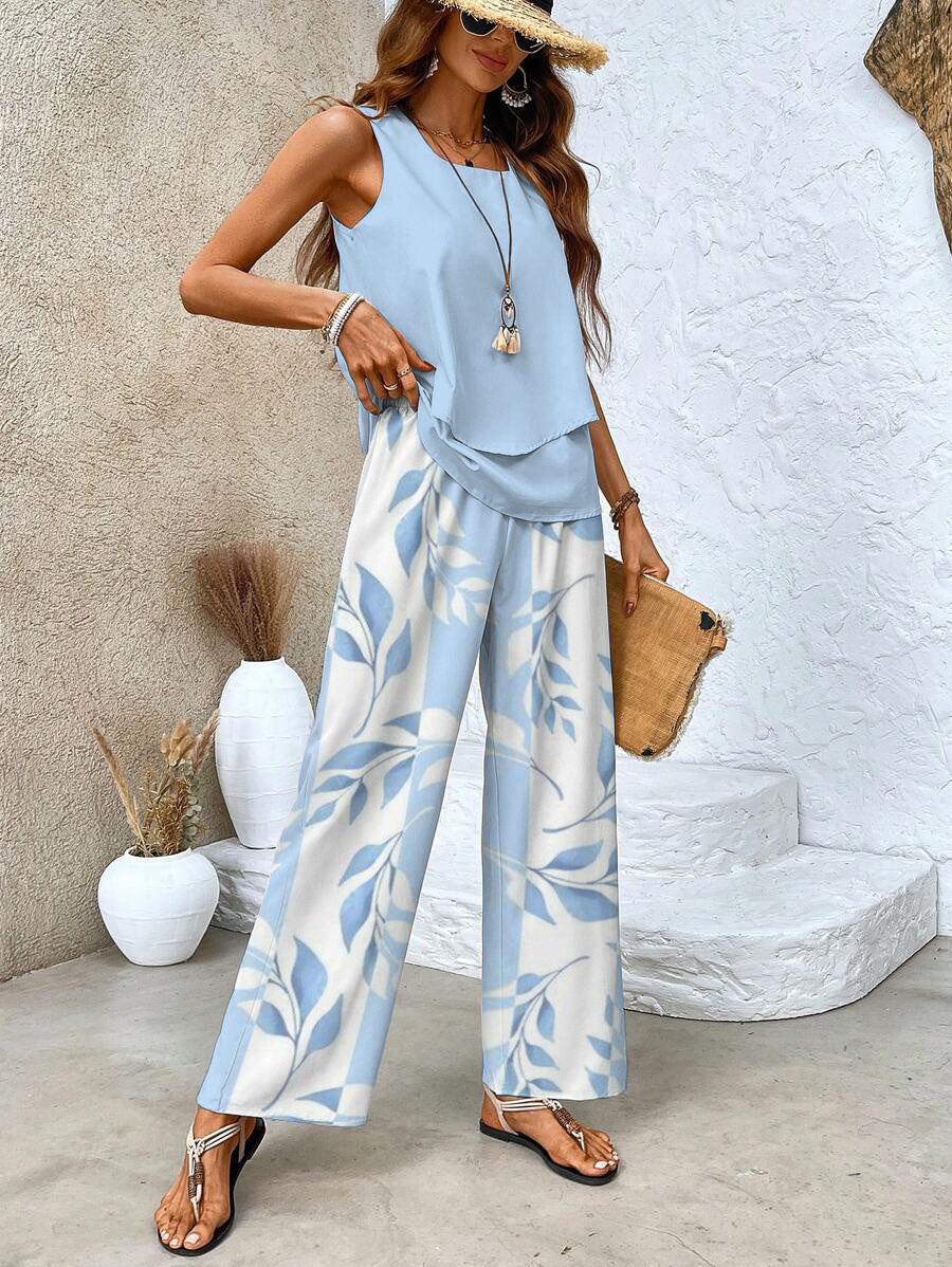 Conjunto de Dos Piezas con Blusa Sin Mangas y Pantalones de Pierna Ancha para Mujer