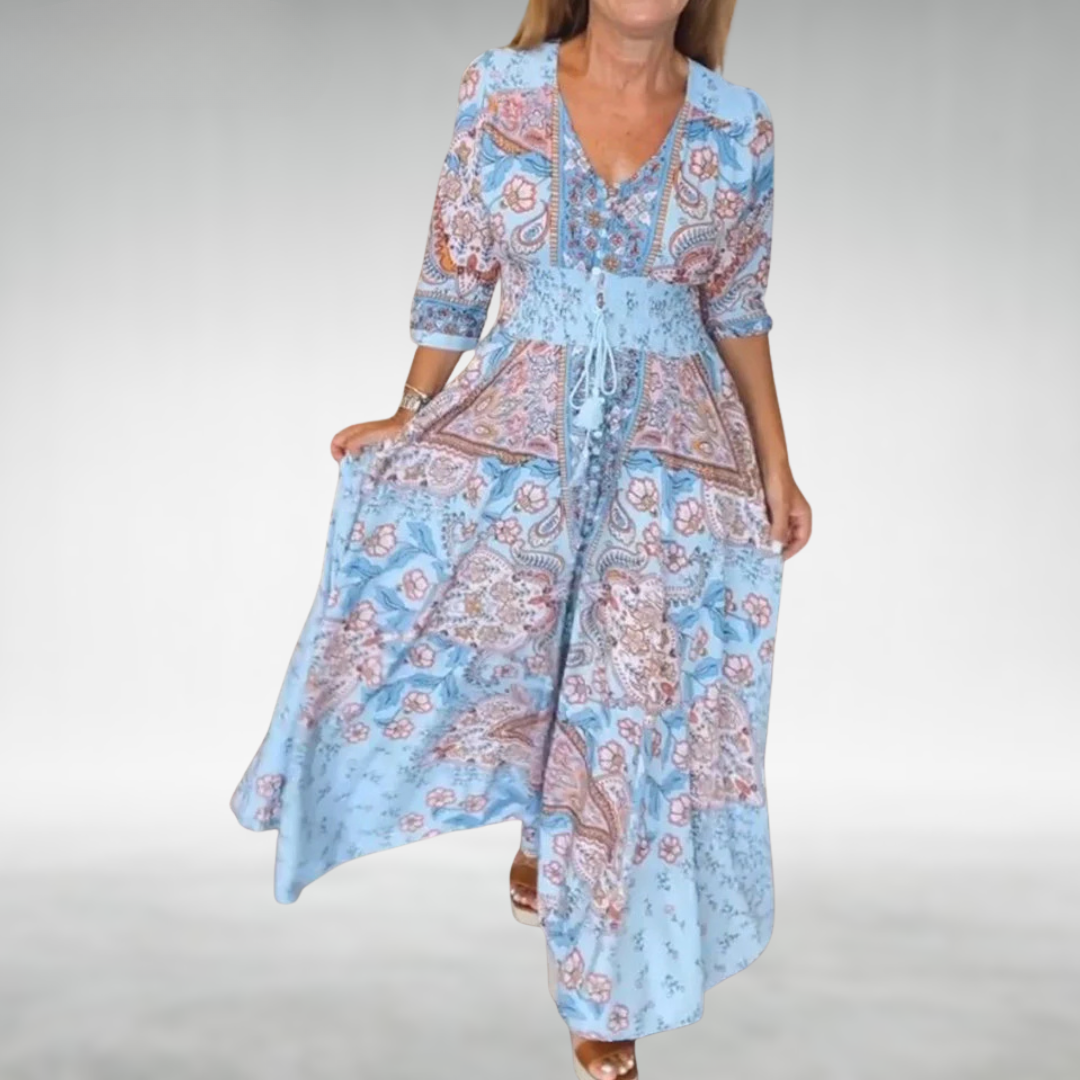 Vestido Maxi de Estilo Bohemio con Cuello en V y Cintura Elástica para Mujer