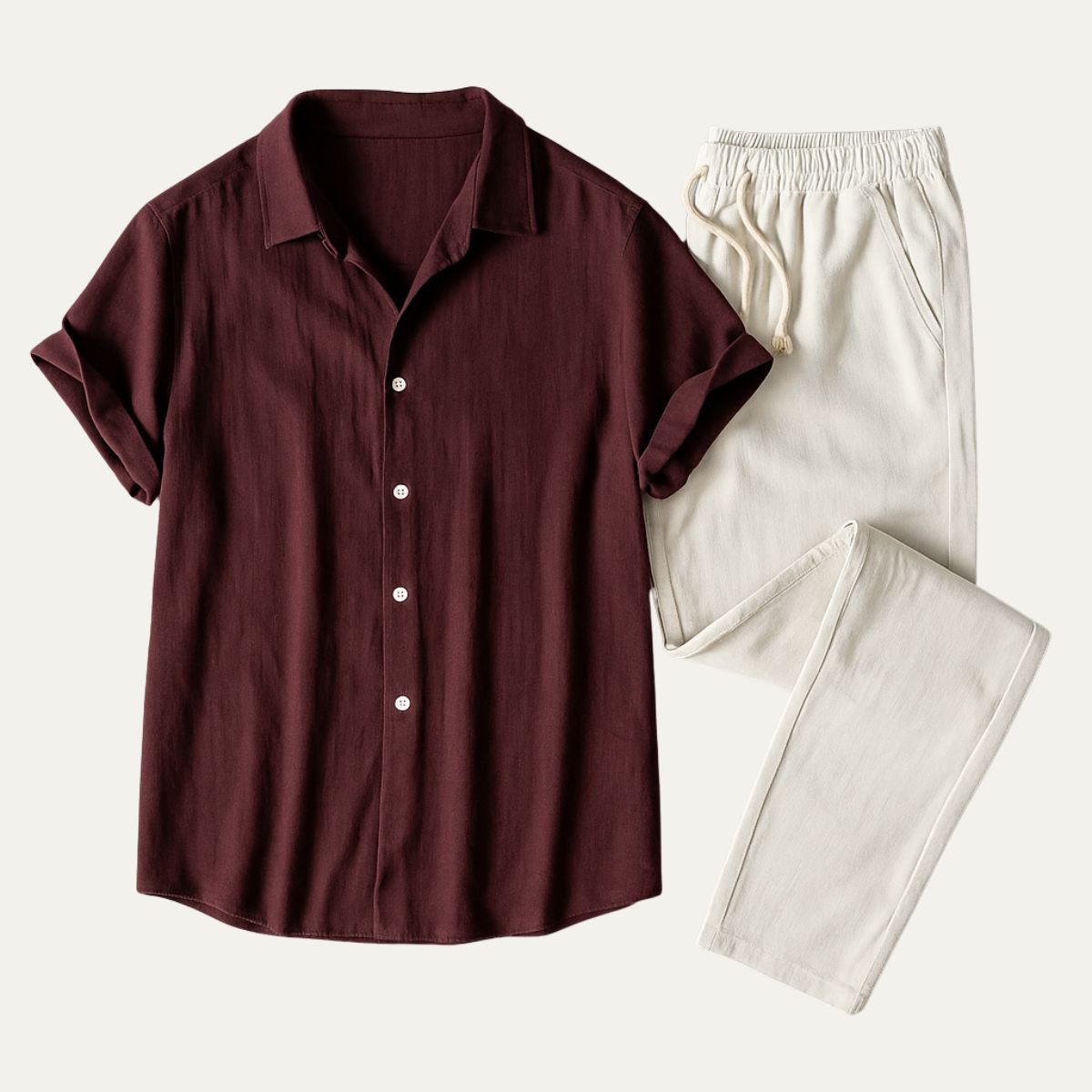 Conjunto de Lino para Hombre con Camisa de Manga Corta y Pantalón de Cordón