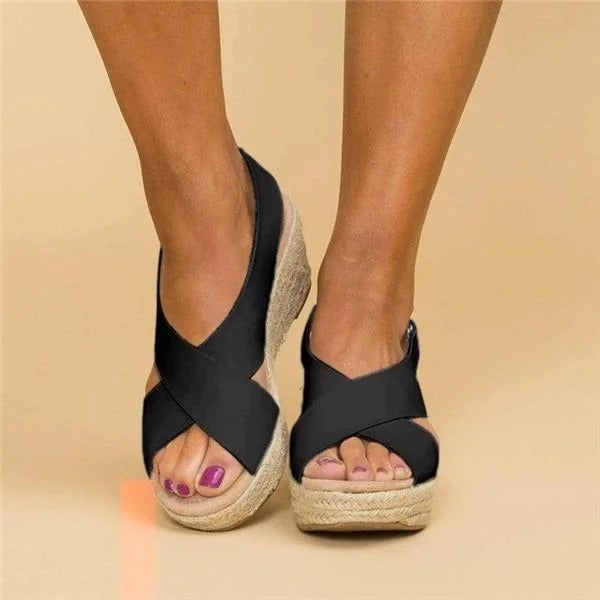 Sandalias de Cuero con Cuña Tipo Alpargata y Tiras Cruzadas para Mujer