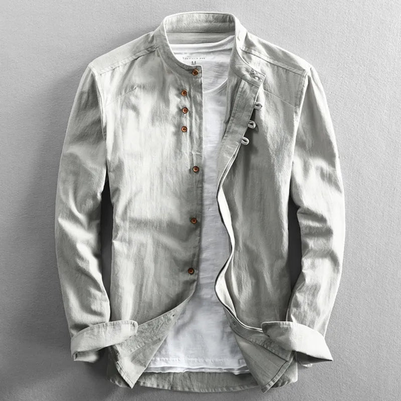 Camisa de Algodón y Lino para Hombre con Cuello Mao y Manga Larga Slim Fit