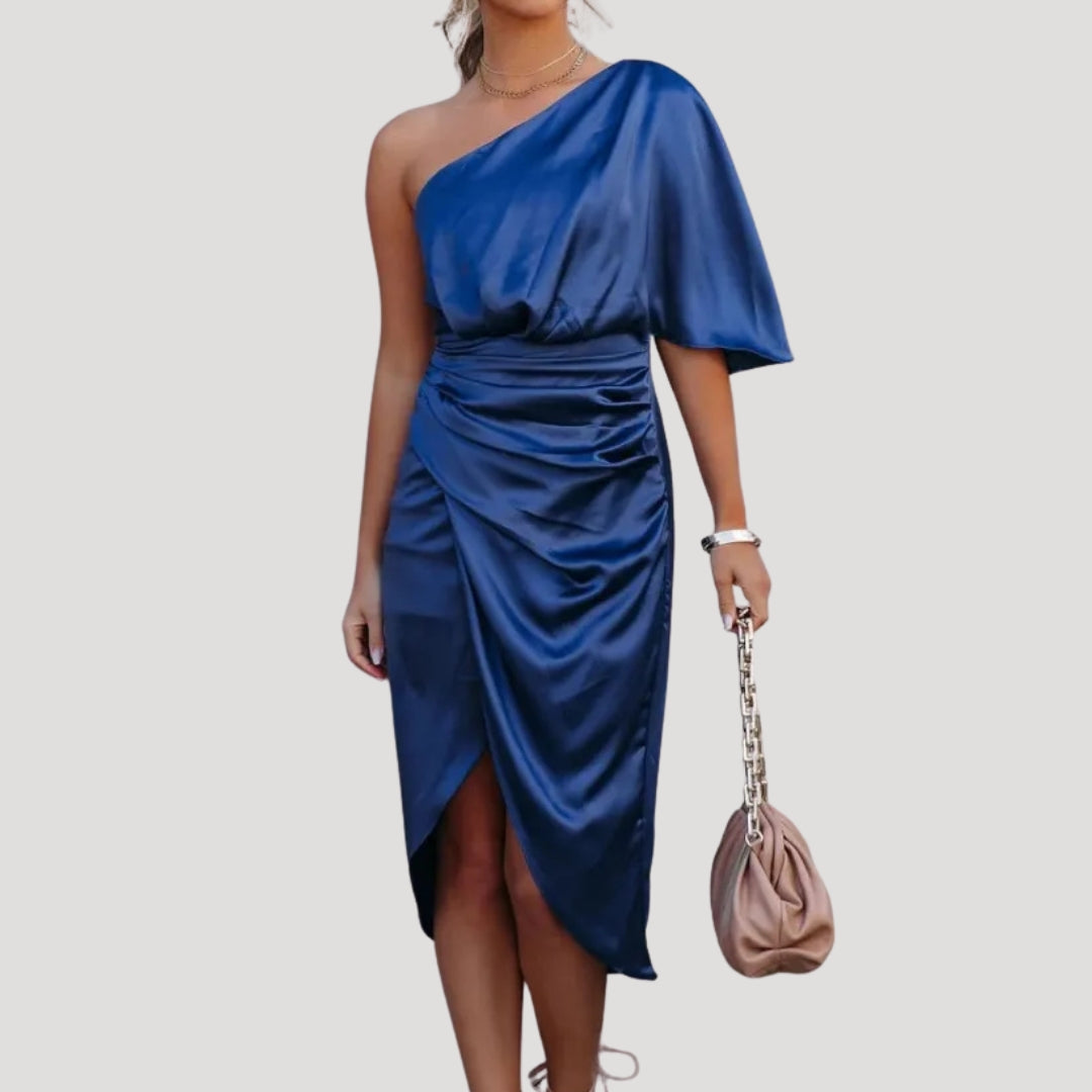 Vestido de Invitada de Boda Satinado con Escote Asimétrico y Falda Cruzada