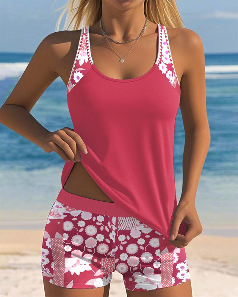 Bañador Tankini de Dos Piezas Estampado de Flores Top sin Mangas y Pantalones Cortos