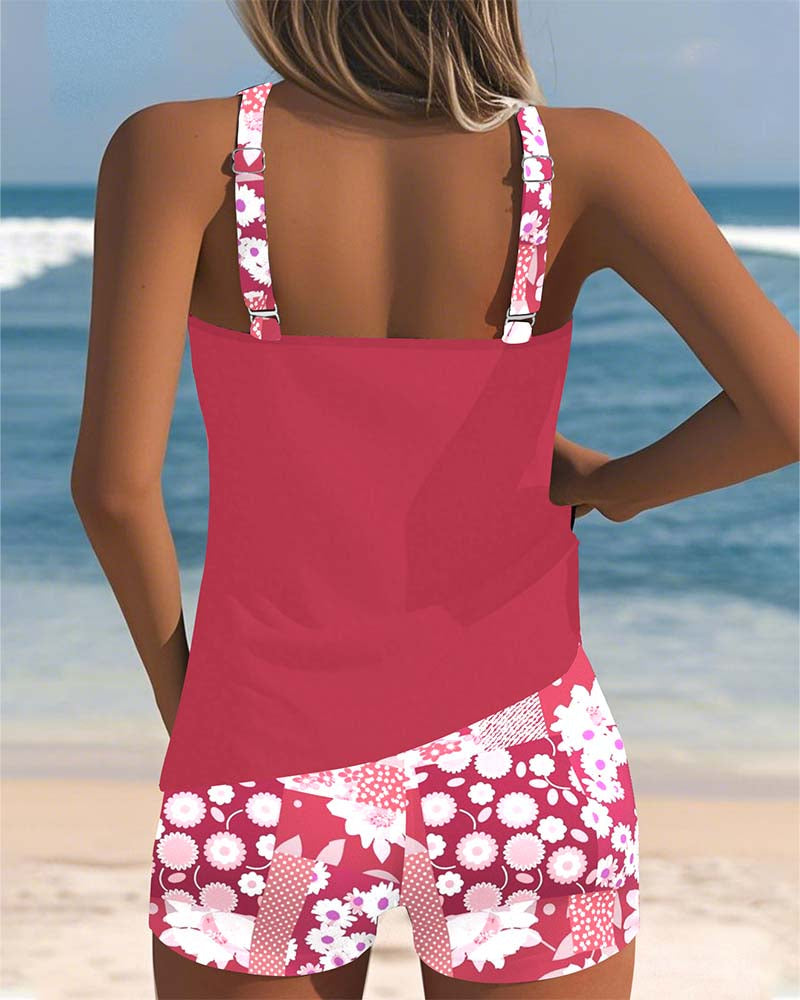 Bañador Tankini de Dos Piezas Estampado de Flores Top sin Mangas y Pantalones Cortos