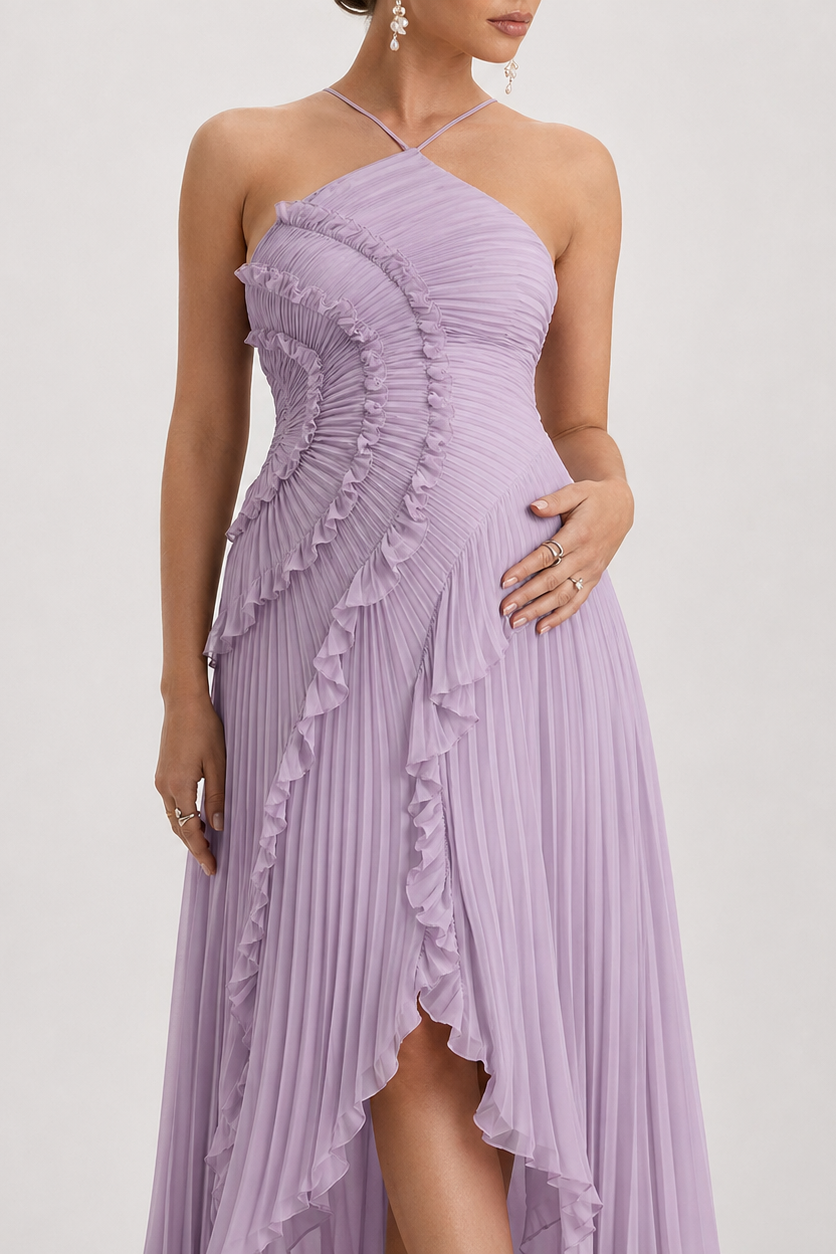 Vestido maternidad largo halter plisado con volantes