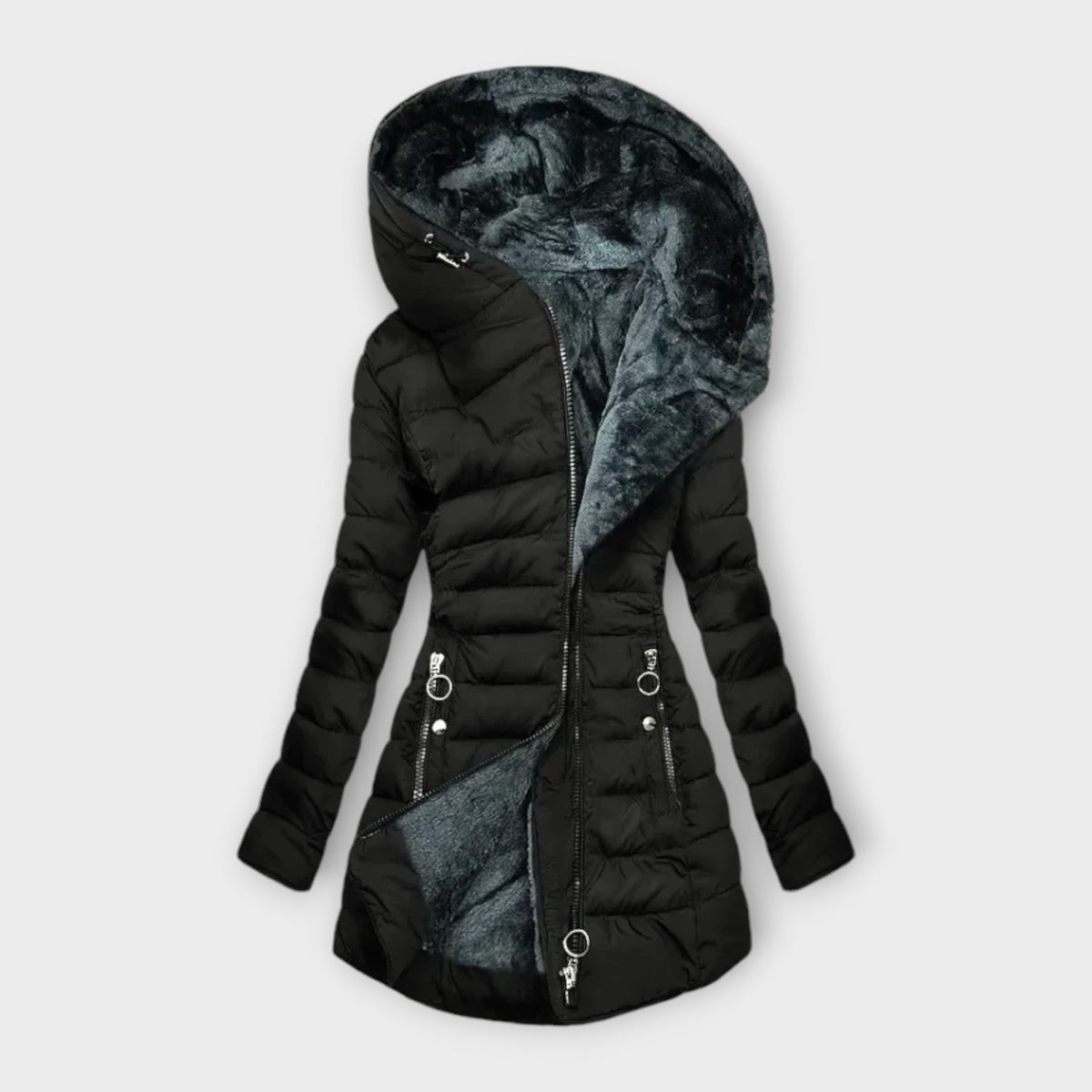 Chaqueta Acolchada Larga para Mujer con Capucha Grande y Cremallera