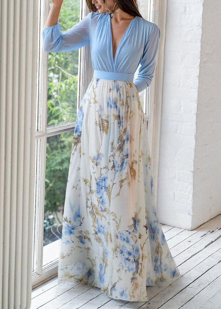 Robe longue en polyester à imprimé floral, col en V et manches longues pour femme