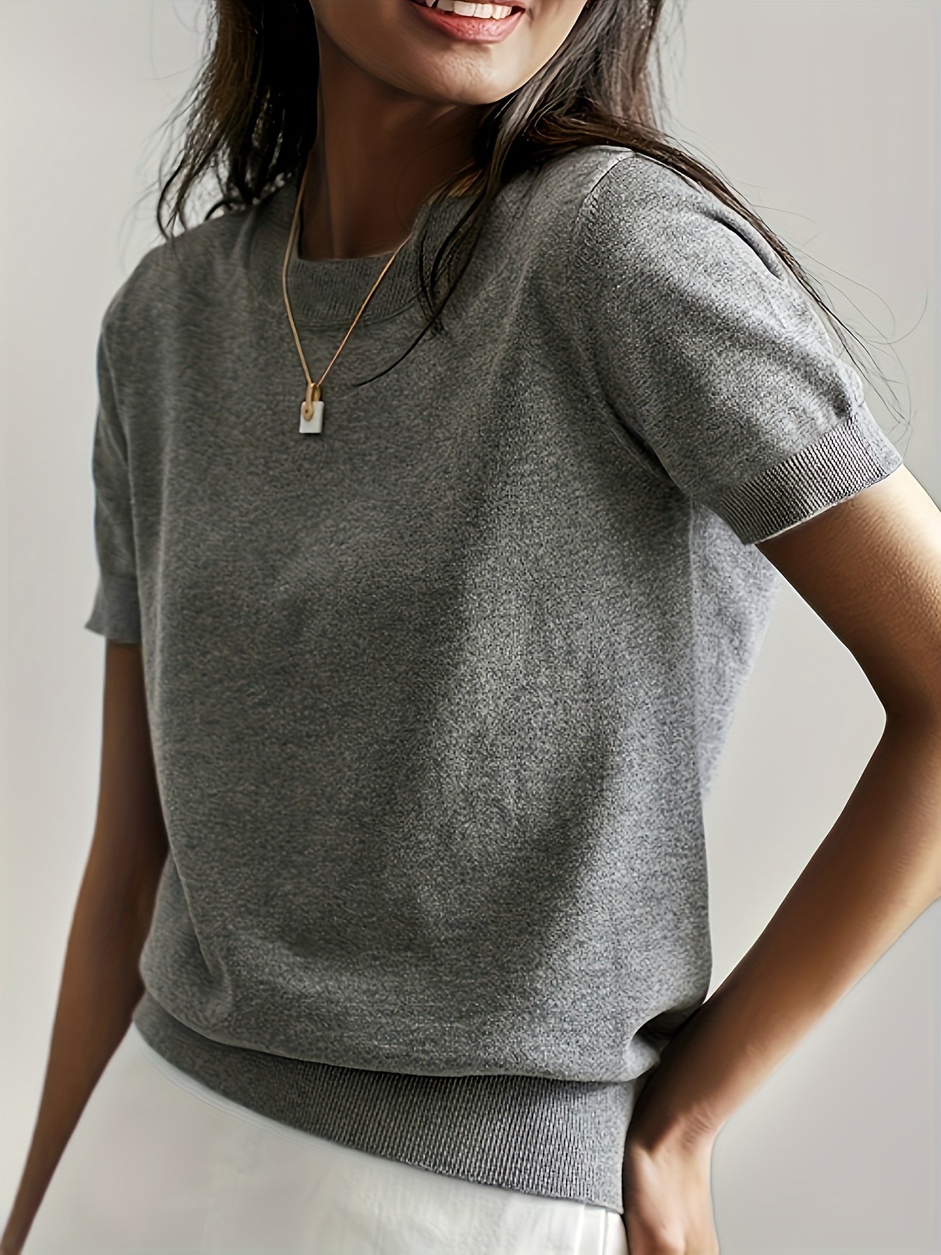 Camiseta de Punto para Mujer de Manga Corta Cuello Redondo Ajuste Entallado